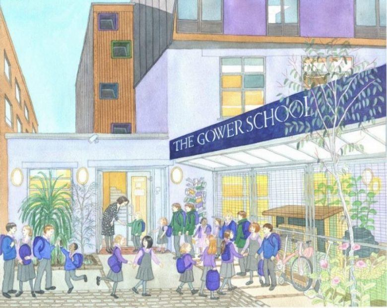 an Illustration of the Gower School Courtyard and Building.