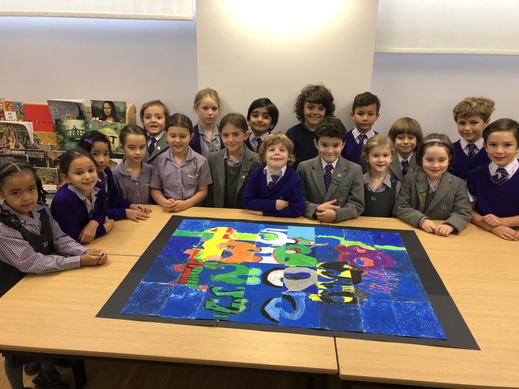 the Gower School Form 2 Children with Ther Winning Piece of Collaborative Artwork.