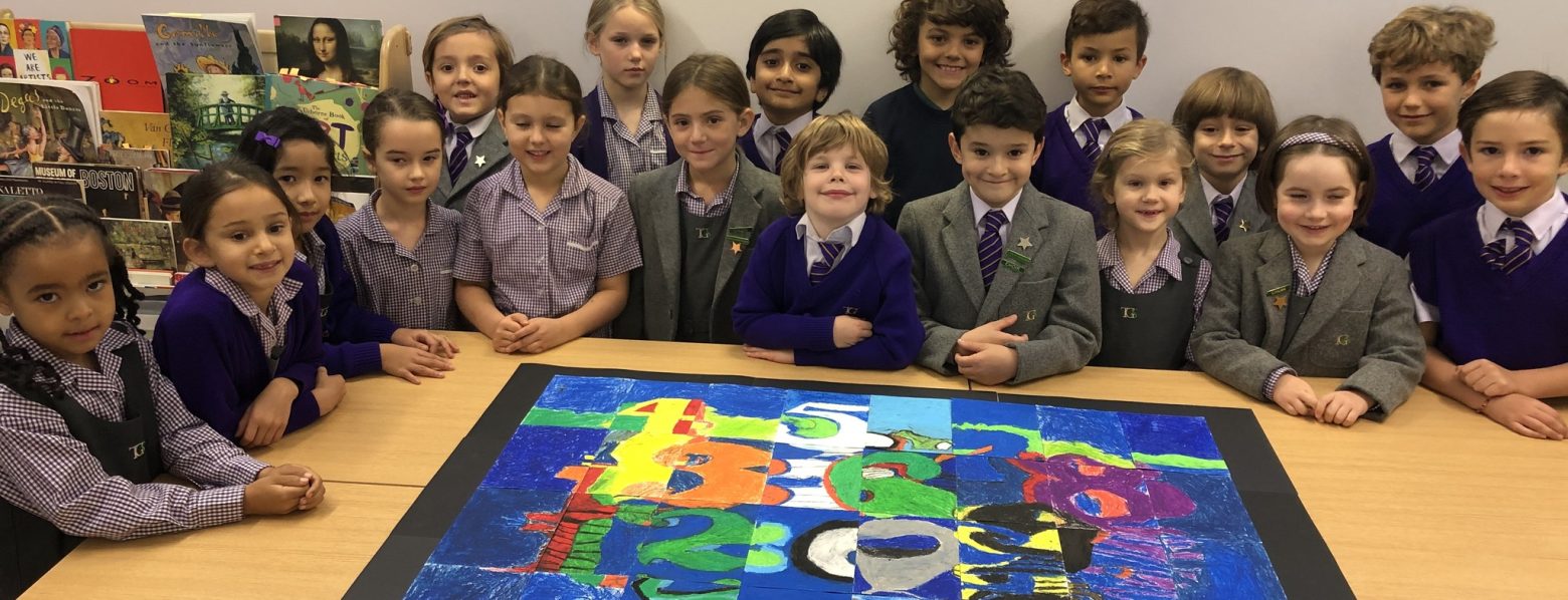 the Gower School Form 2 Children with Ther Winning Piece of Collaborative Artwork.