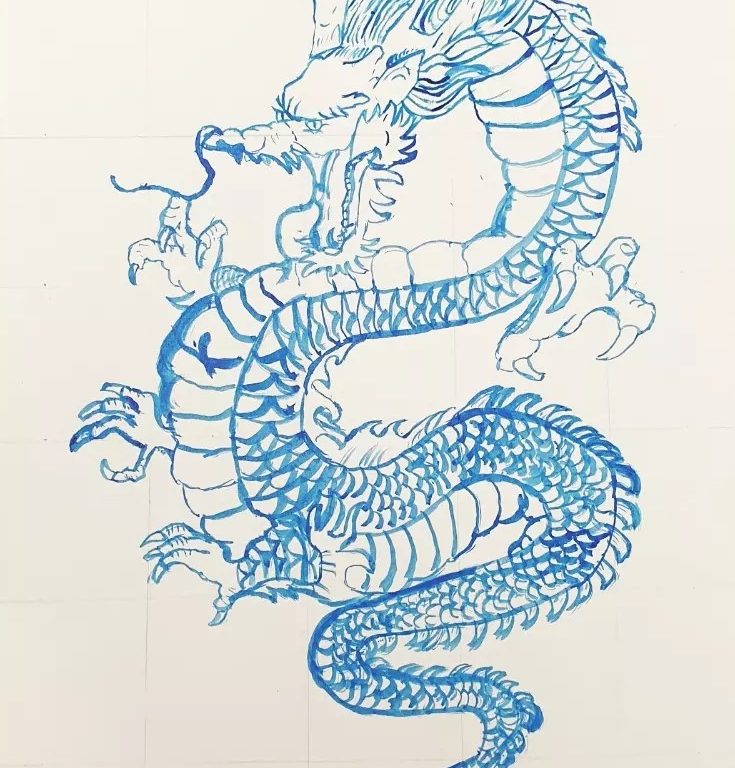 The blue ink drawing of a dragon which received a Highly Commended from the ISA National Art Competition 2022.